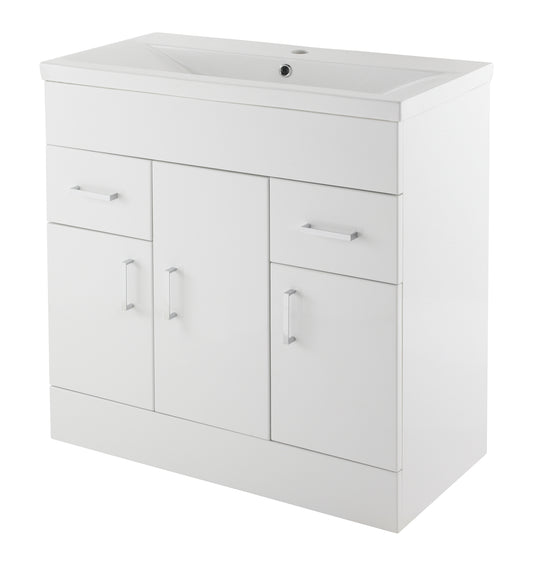 Nuie 800mm Gloss White Floor Standing 3 Door 2 Drawer Vanity Unit with Mid-Edge Basin
