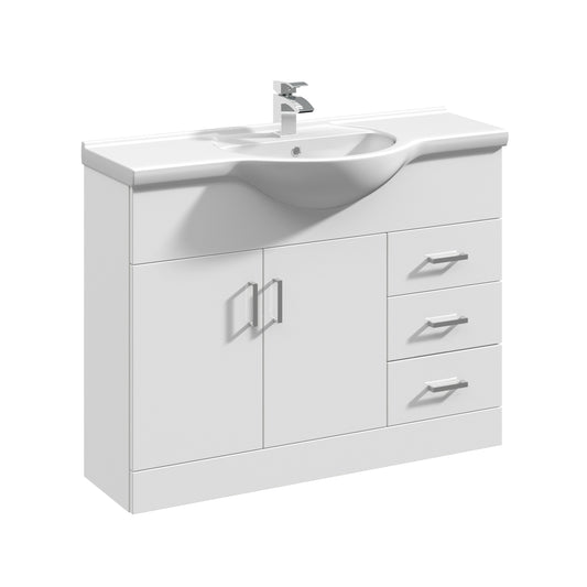 Nuie Mayford 1060mm Gloss White Floor Standing 2 Door 3 Drawer Vanity Unit with Basin