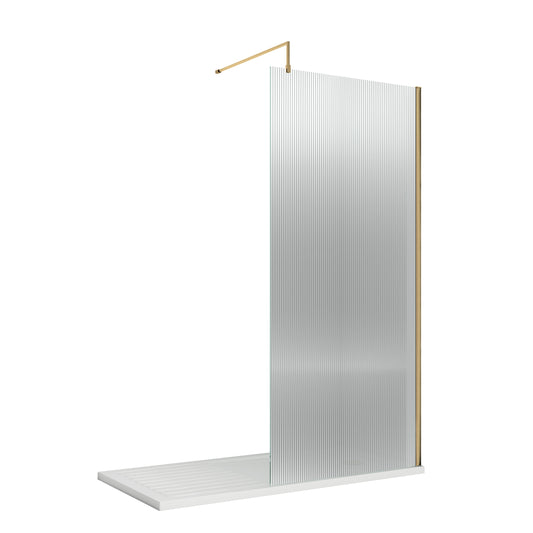 900mm Fluted Wetroom Screen with Support Bar Brushed Brass