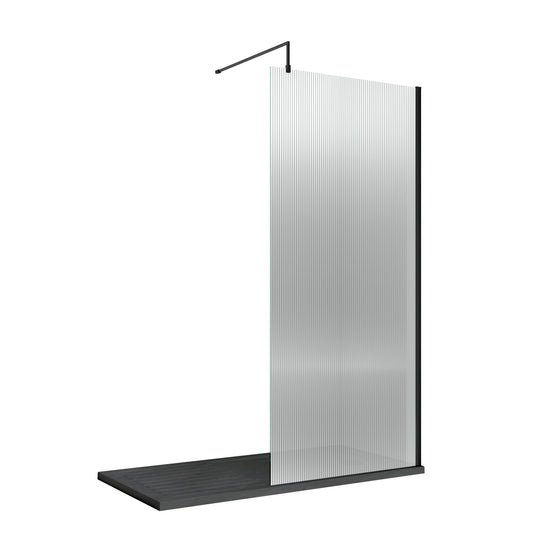 900mm Fluted Wetroom Screen with Support Bar Matt Black